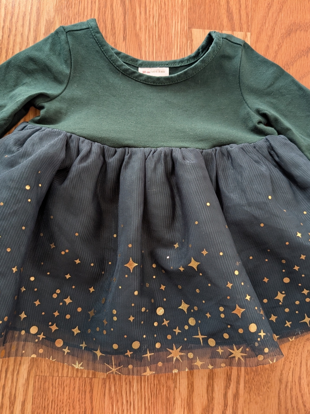 Hanna Andersson Baby Girl Green Dress with Gold Tulle Skirt 0-3 Months
